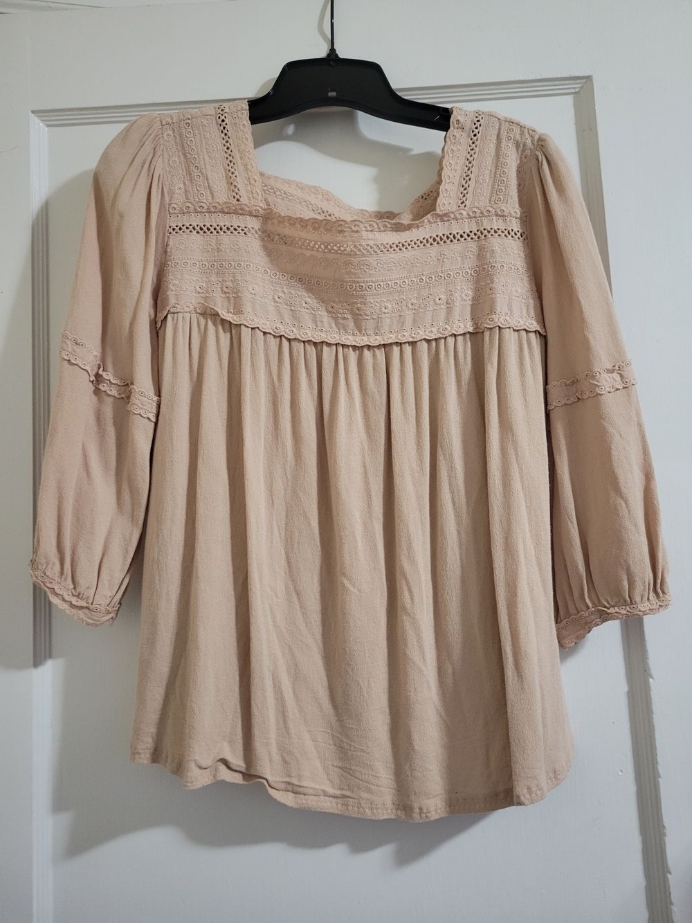 Women's Hailey & Co Tan Blush Lace-Trim Peasant Top